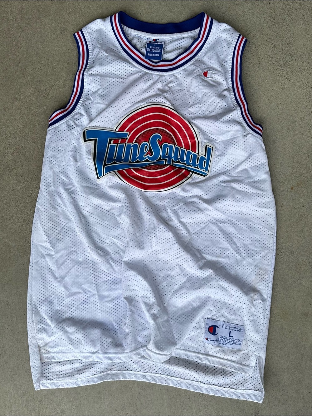 Champion Kids White TuneSquad Mesh One-Piece Jersey with Red & Blue Logo